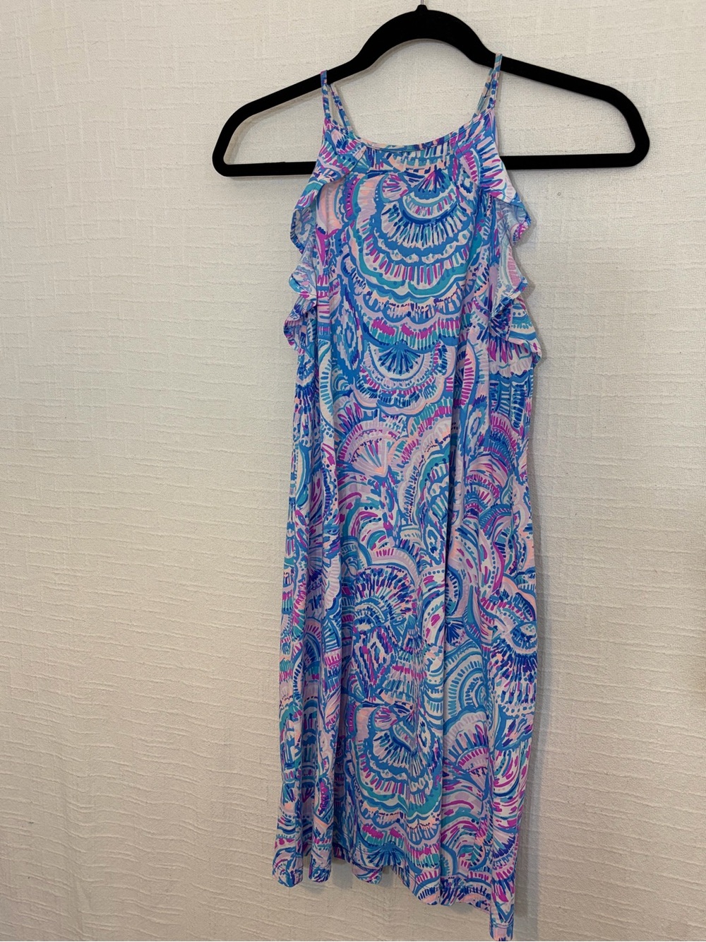 Lilly Pulitzer Blue Pink White Paisley Ruffle Scoop Neck Jersey Midi Dress S